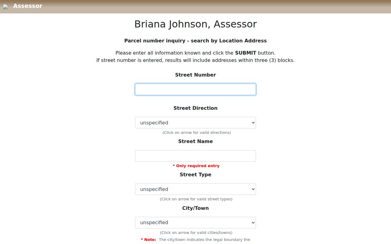 Sunrise Manor street directory Assessor address search fields