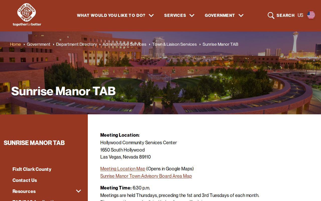 Sunrise Manor neighbors Town Advisory Board public meetings and agenda source